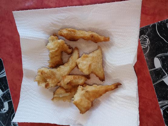 Masas de formas aleatorias de "churros" sobre una servilleta de papel blanca.